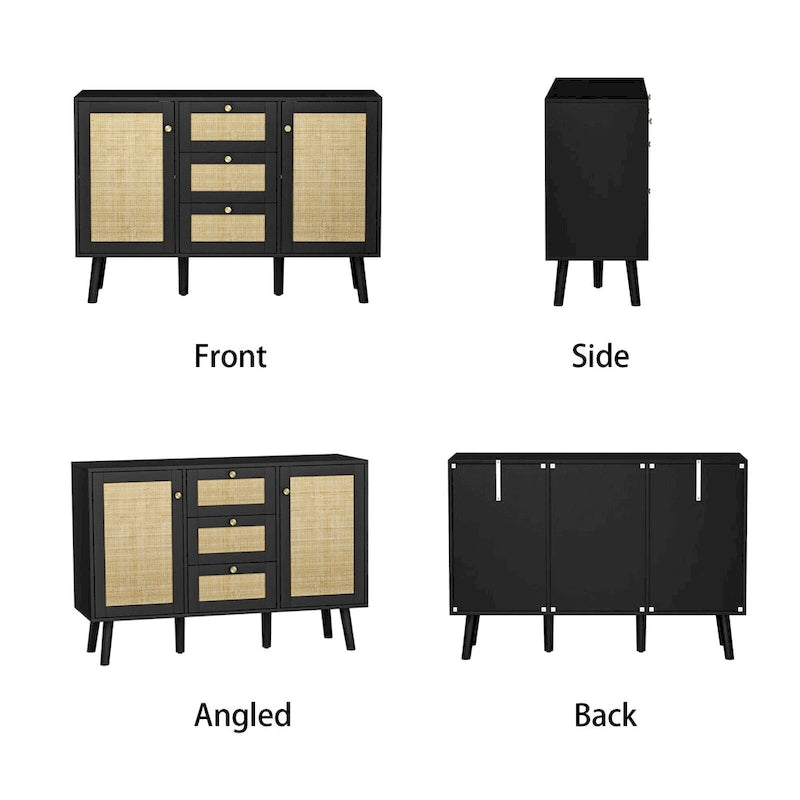 Anmytek Modern Wood Rattan Black Buffet Sideboard Accent Storage Cabinet with 3 Drawers and 2 Doors