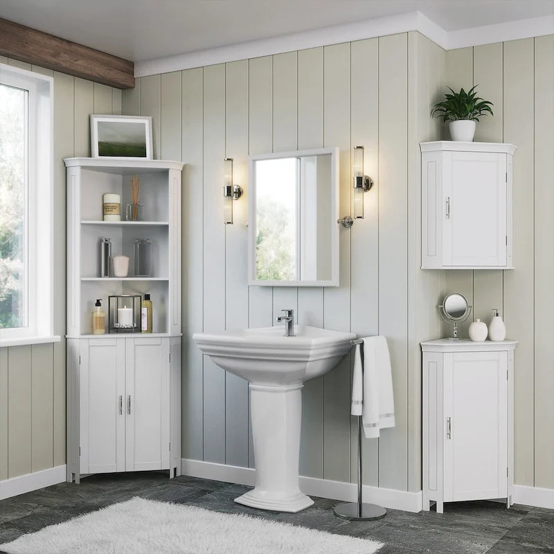 RiverRidge Somerset Tall Corner Bathroom Cabinet Storage Organizer with Doors and an Adjustable Shelf - White