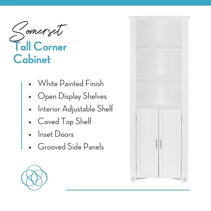 RiverRidge Somerset Tall Corner Bathroom Cabinet Storage Organizer with Doors and an Adjustable Shelf - White