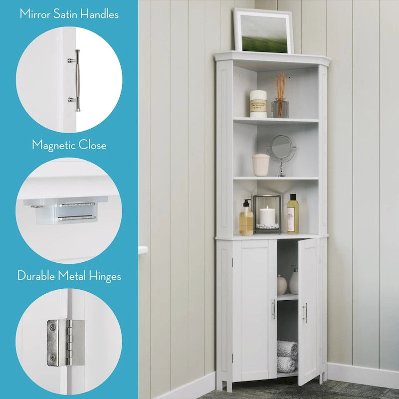 RiverRidge Somerset Tall Corner Bathroom Cabinet Storage Organizer with Doors and an Adjustable Shelf - White
