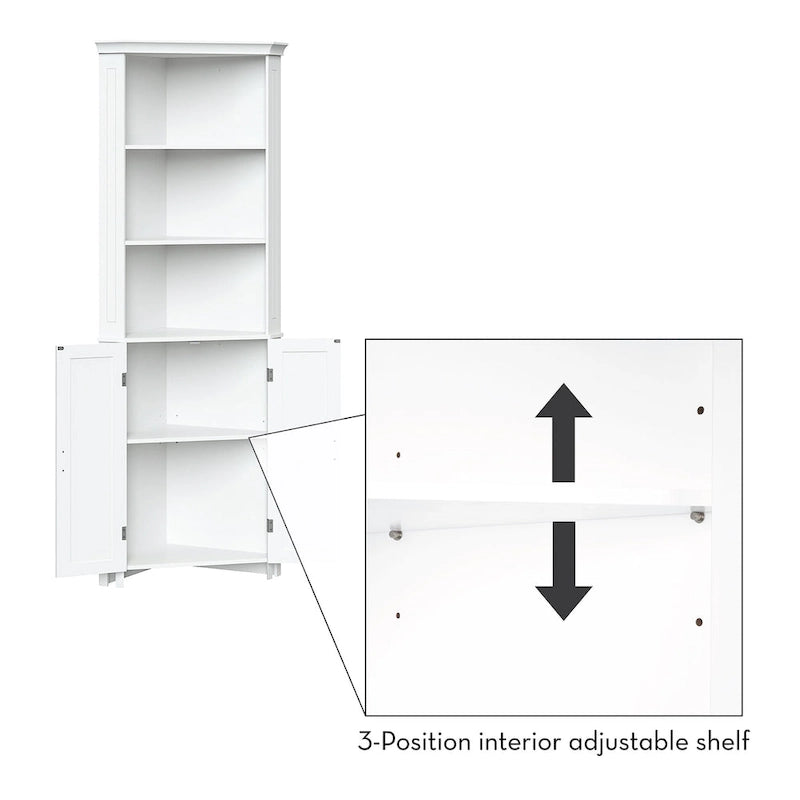 RiverRidge Somerset Tall Corner Bathroom Cabinet Storage Organizer with Doors and an Adjustable Shelf - White