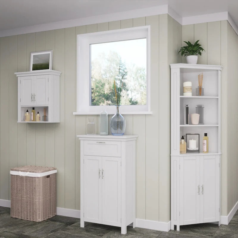 RiverRidge Somerset Tall Corner Bathroom Cabinet Storage Organizer with Doors and an Adjustable Shelf - White