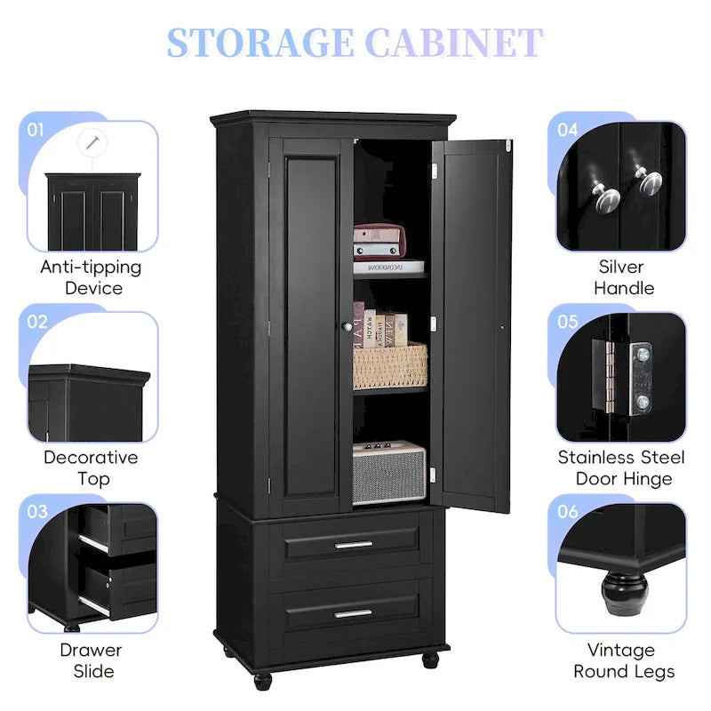Freestanding Tall Storage Cabinet with 2 Drawers & 2 Doors for Bathroom/Office