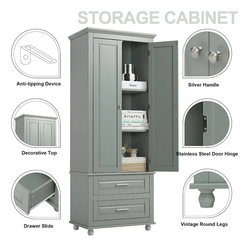 Freestanding Tall Storage Cabinet with 2 Drawers & 2 Doors for Bathroom/Office