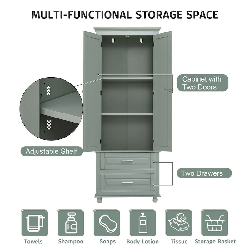 Freestanding Tall Storage Cabinet with 2 Drawers & 2 Doors for Bathroom/Office