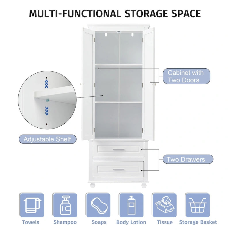 Freestanding Tall Storage Cabinet with 2 Drawers & 2 Doors for Bathroom/Office