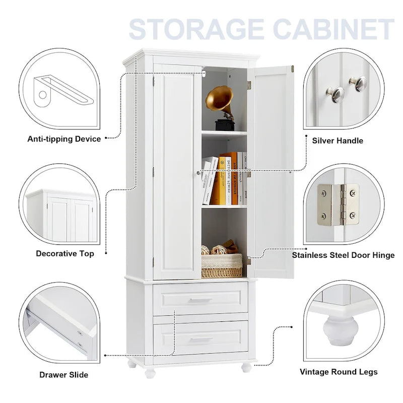 Freestanding Tall Storage Cabinet with 2 Drawers & 2 Doors for Bathroom/Office