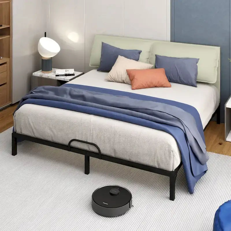 Moasis Metal Bed Frame Folding Upholstered Bed Frame with Faux Leather Headboard Two Pillows