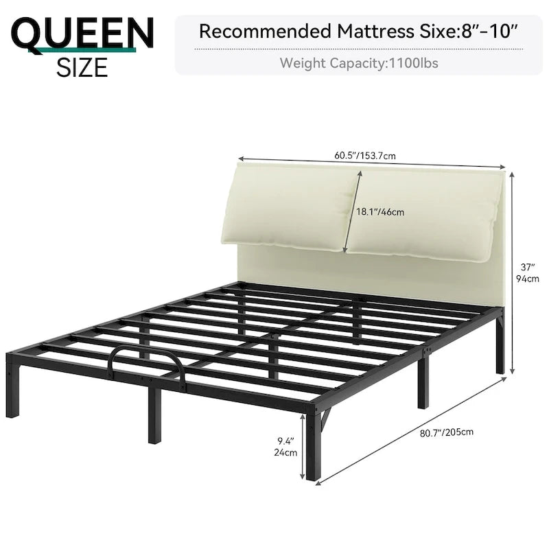 Moasis Metal Bed Frame Folding Upholstered Bed Frame with Faux Leather Headboard Two Pillows