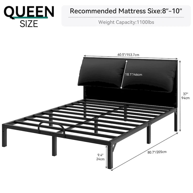 Moasis Metal Bed Frame Folding Upholstered Bed Frame with Faux Leather Headboard Two Pillows