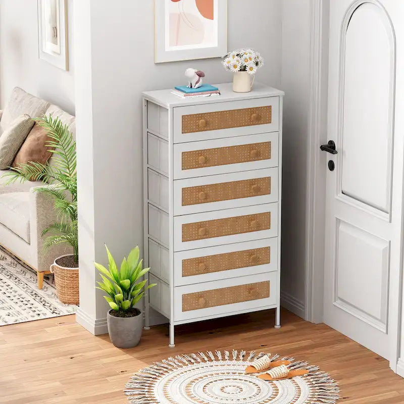 6-Drawer Dresser Chest PE Rattan Storage Tower Organizer Cabinet