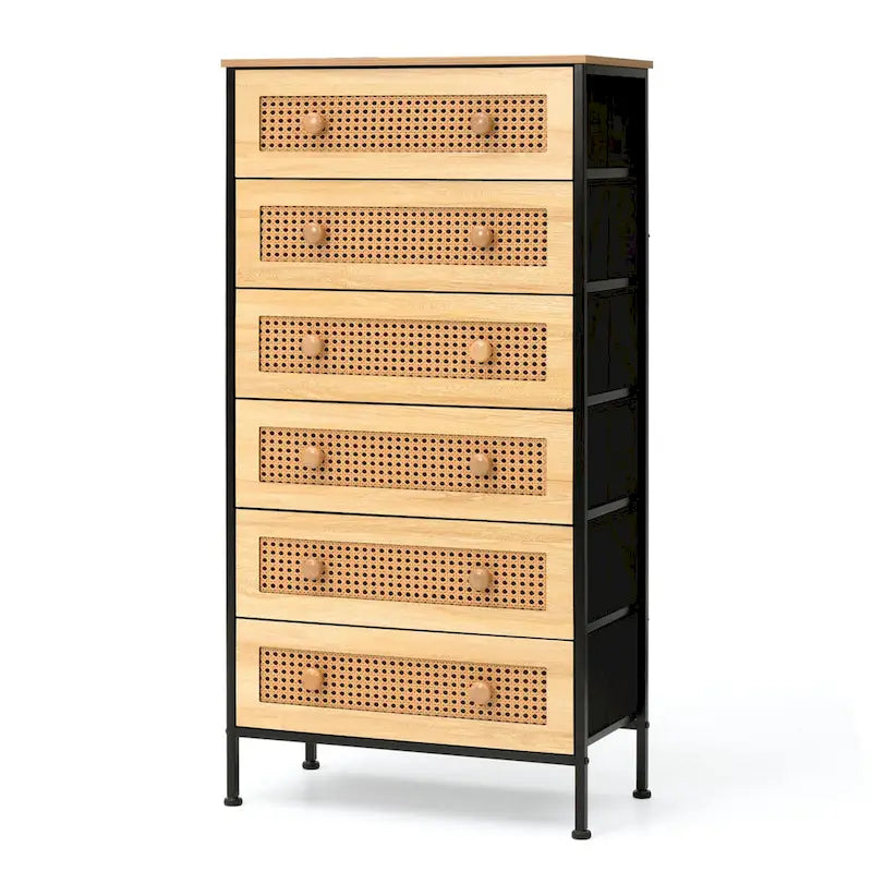 6-Drawer Dresser Chest PE Rattan Storage Tower Organizer Cabinet