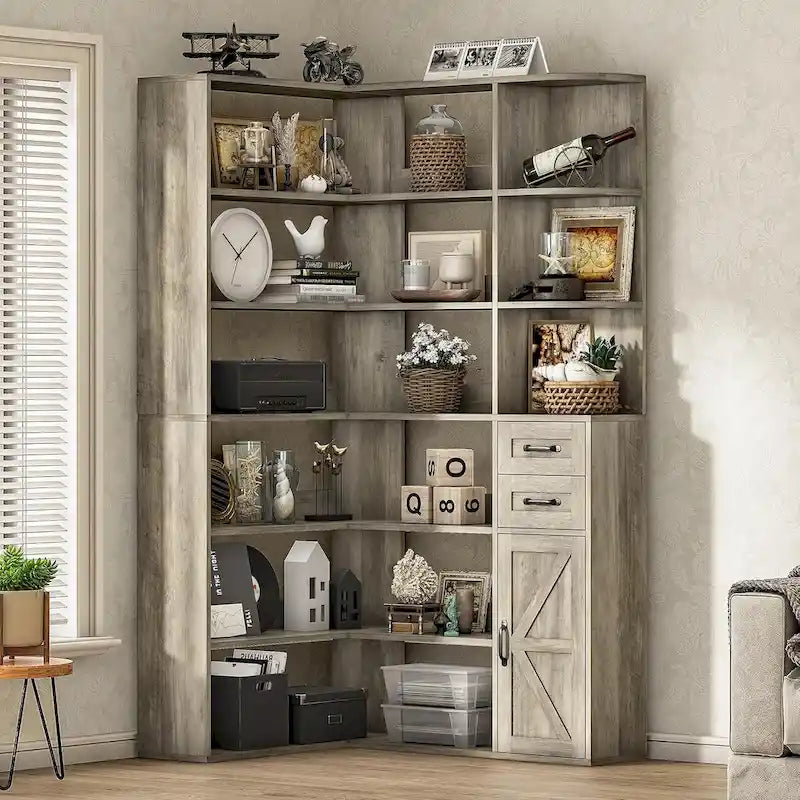 7-Shelf Corner Bookshelf L-Shape Bookcase Large Storage Shelf Display