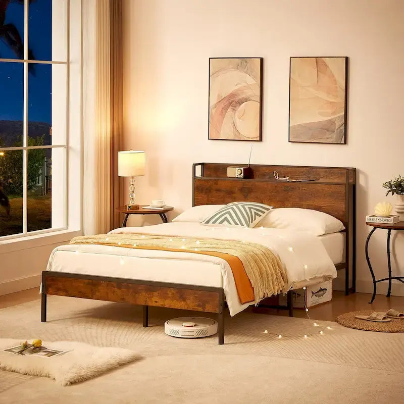 Full Size Bed Frame with Charging Station,Particle Board,Rustic Brown