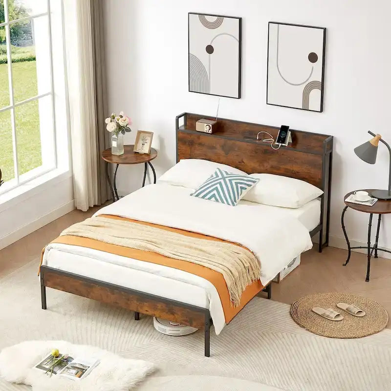 Full Size Bed Frame with Charging Station,Particle Board,Rustic Brown