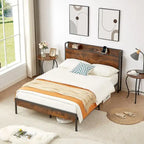 Full Size Bed Frame with Charging Station,Particle Board,Rustic Brown