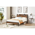 Full Size Bed Frame with Charging Station,Particle Board,Rustic Brown