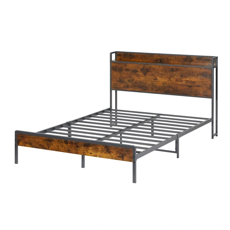 Full Size Bed Frame with Charging Station,Particle Board,Rustic Brown