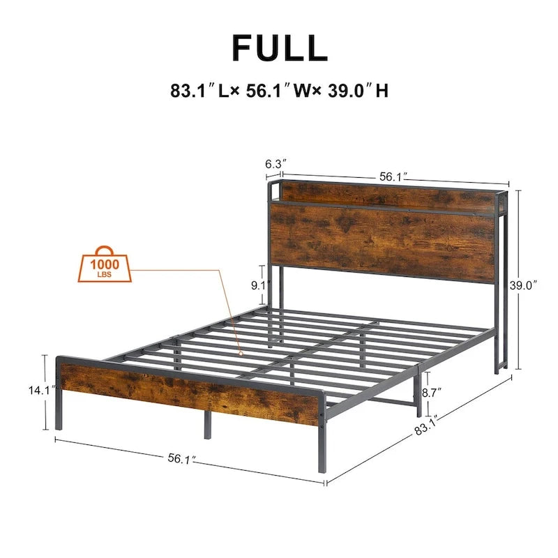 Full Size Bed Frame with Charging Station,Particle Board,Rustic Brown