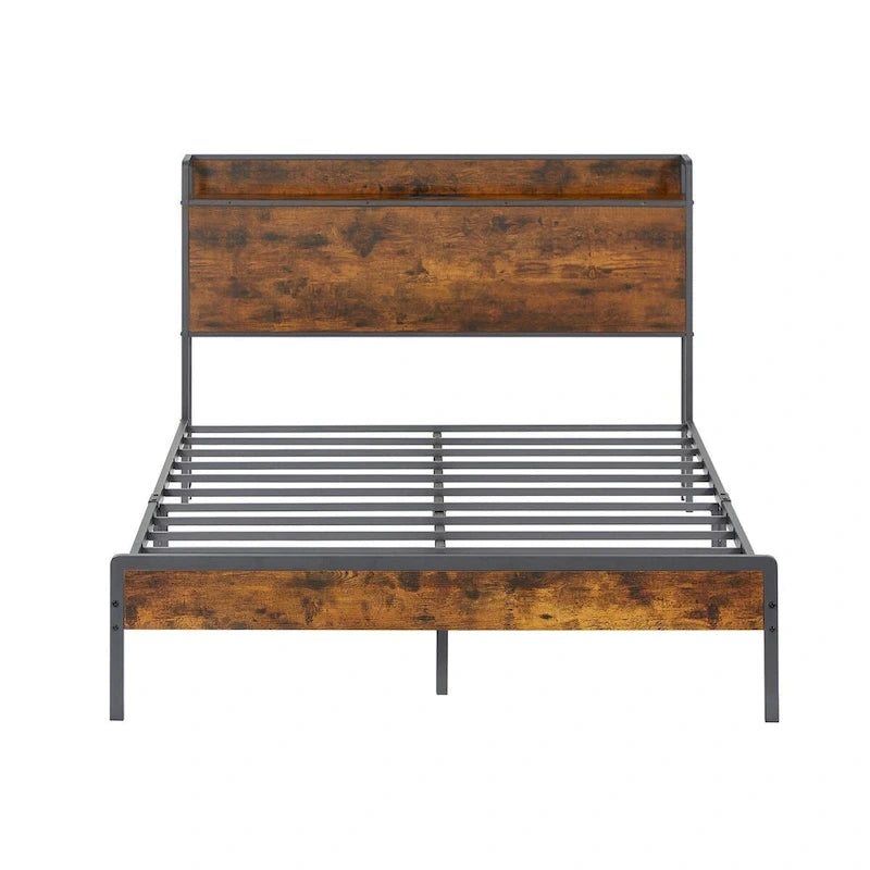 Full Size Bed Frame with Charging Station,Particle Board,Rustic Brown