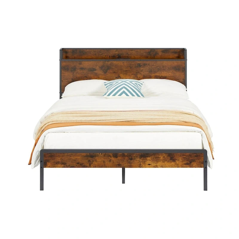 Full Size Bed Frame with Charging Station,Particle Board,Rustic Brown