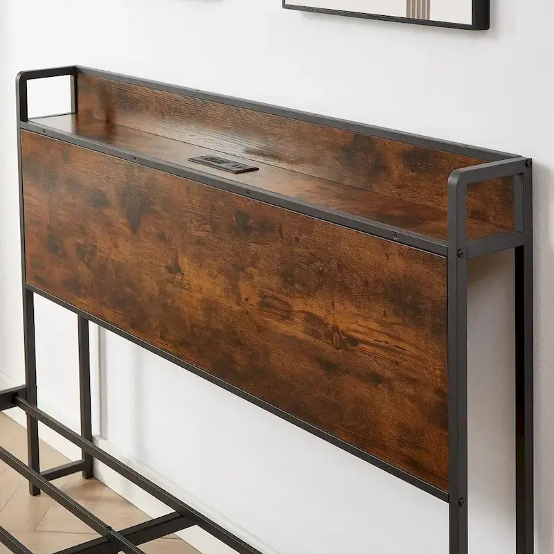 Full Size Bed Frame with Charging Station,Particle Board,Rustic Brown