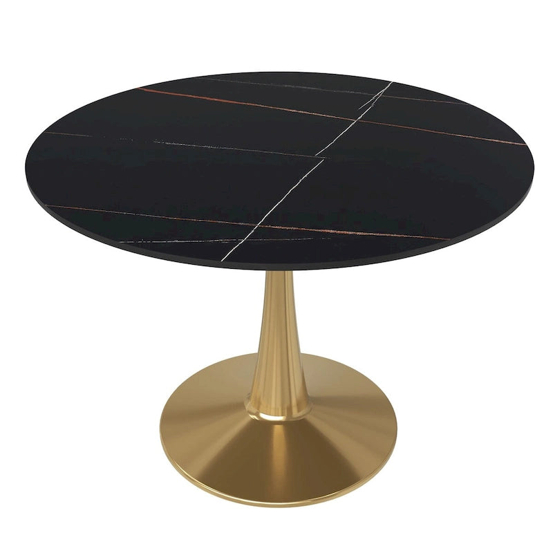 LeisureMod Round Dining Table 40 Sintered Stone Tabletop in Gold Steel Bistro Series