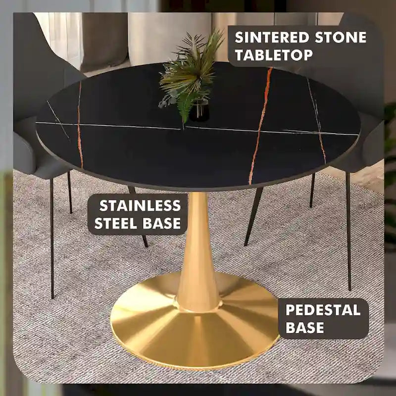 LeisureMod Round Dining Table 40 Sintered Stone Tabletop in Gold Steel Bistro Series