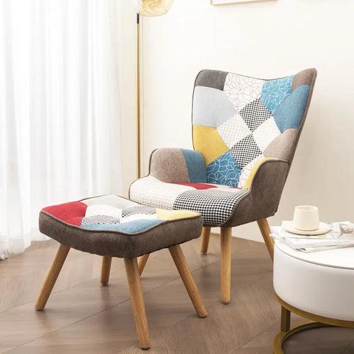 Fauteuil d’appoint avec pouf, ensemble fauteuil et pouf pour le salon, fauteuil d’appoint confortable avec accoudoirs pour la chambre, revêtement en tissu à motifs créatifs