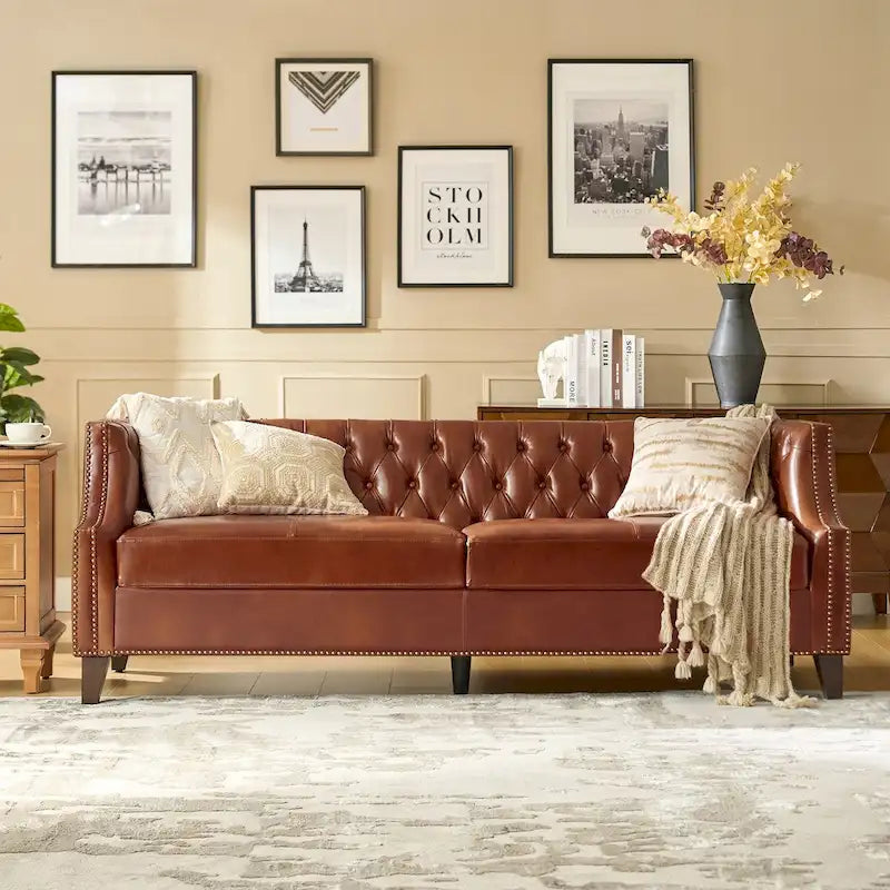 Eugne Transitional Genuine Leather Tufted Design Sofa with Solid Wood Legs by HULALA HOME