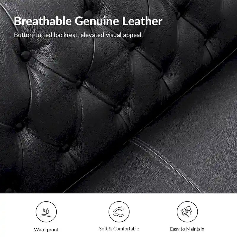 Eugne Transitional Genuine Leather Tufted Design Sofa with Solid Wood Legs by HULALA HOME