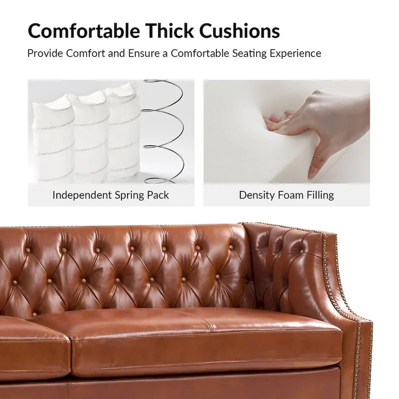 Eugne Transitional Genuine Leather Tufted Design Sofa with Solid Wood Legs by HULALA HOME