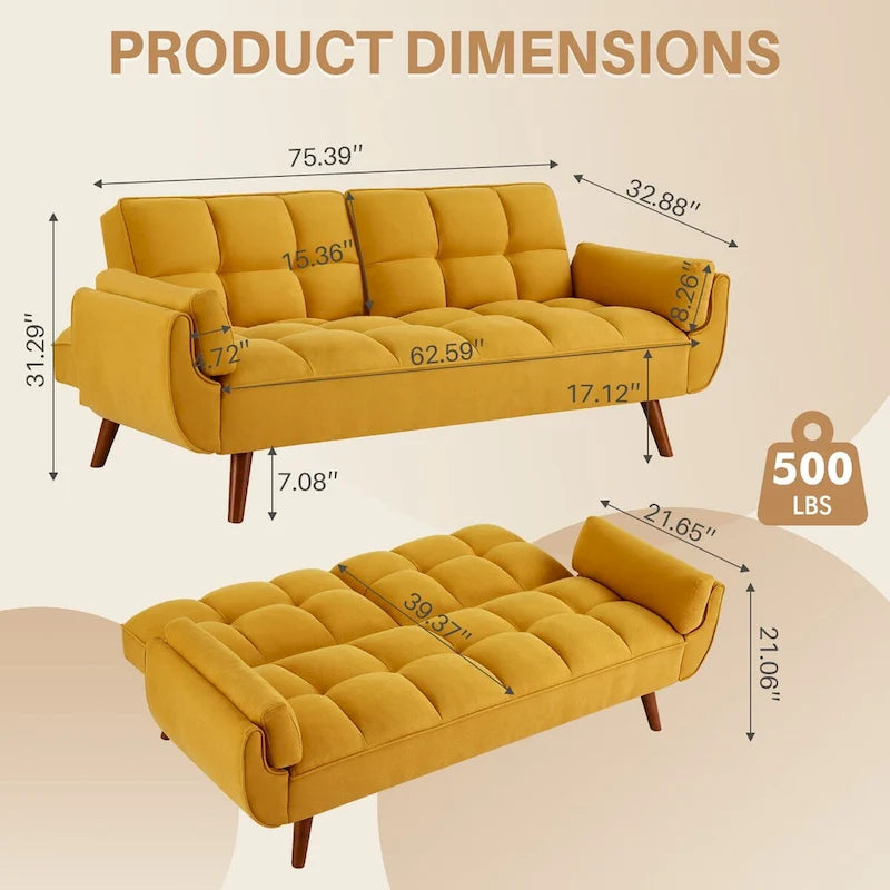 75.39 INCH Futon Sofa Bed, Convertible Folding Futon Couch Recliner Lounge For Living Room With 2 Pillow/Armrest