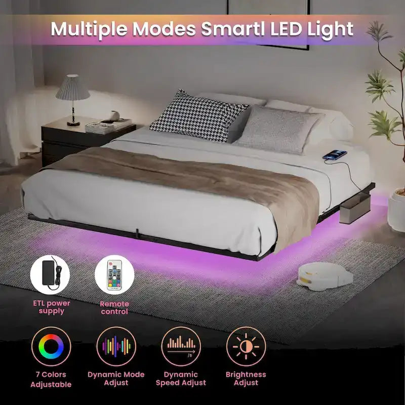 King Size Floating Bed Frame with LED Lights & Charging Station - Metal Platform