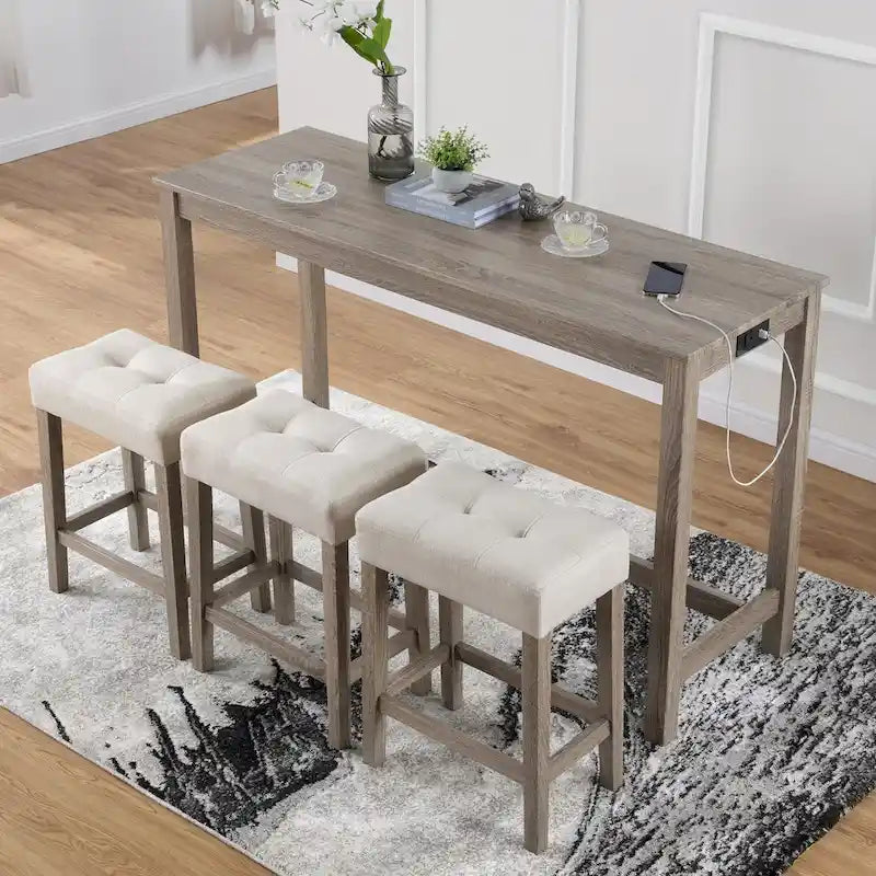 8 PCS Bar Table Dining Sets with Counter Stools and Built-in Power Outlets