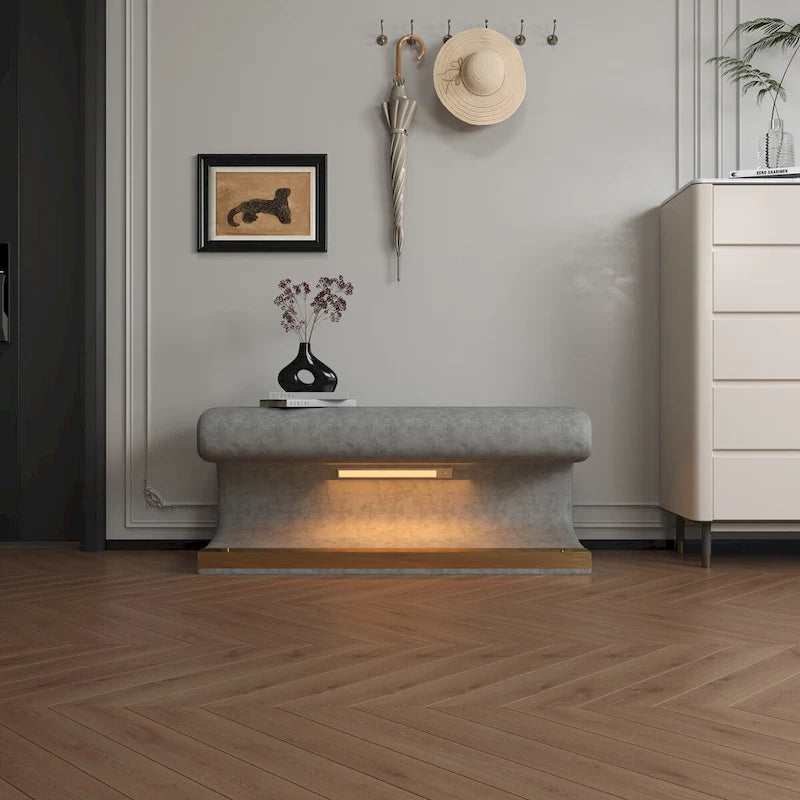 Entryway Bench Leather Upholstered Ottoman with LED sensor light for living room, bedroom, end of bed