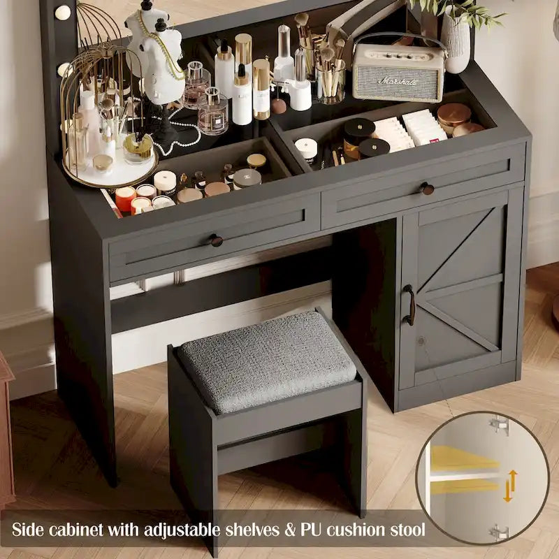 Roomfitters Farmhouse Makeup Vanity with Lights, Vanity Desk with Barn Door, 2 Drawers Makeup Table with Lighted Mirror