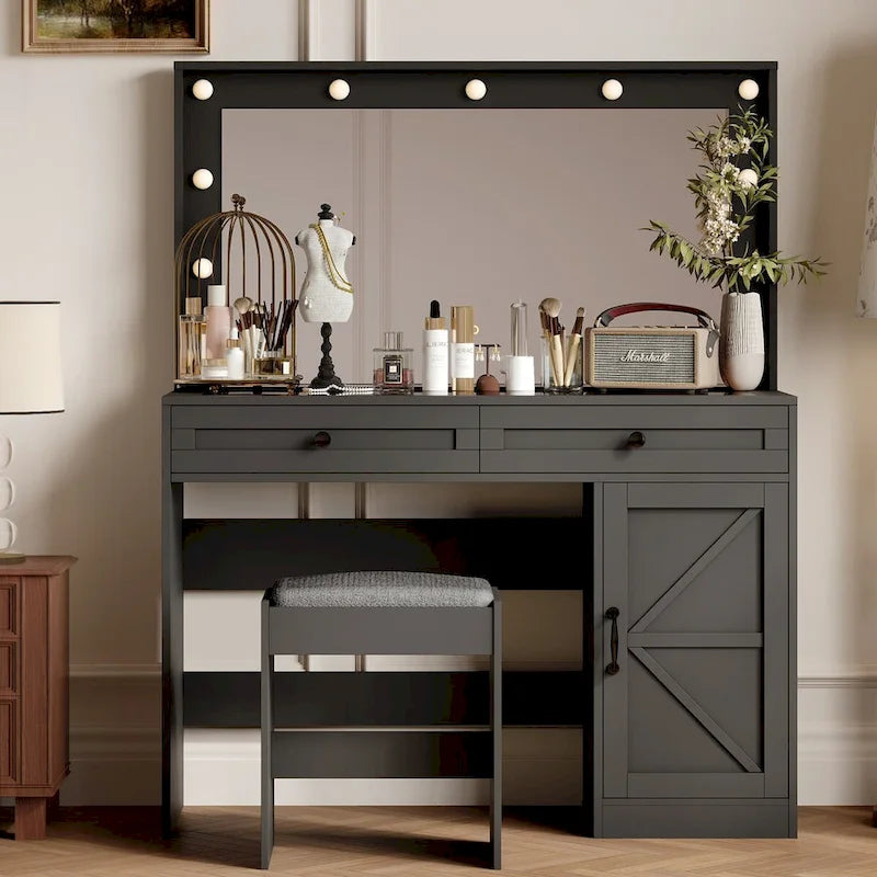 Roomfitters Farmhouse Makeup Vanity with Lights, Vanity Desk with Barn Door, 2 Drawers Makeup Table with Lighted Mirror