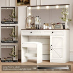 Roomfitters Farmhouse Makeup Vanity with Lights, Vanity Desk with Barn Door, 2 Drawers Makeup Table with Lighted Mirror