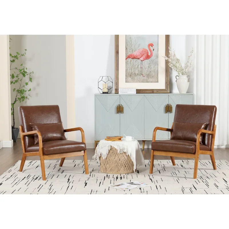 Velvet/leather Upholstered Mid-Century Modern Wood Frame Armchair for Living Room(set of 2)