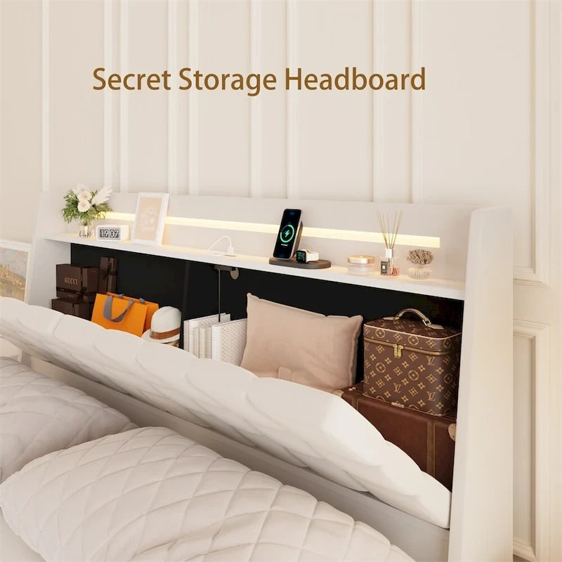 Queen Size LED Upholstered Platform Bed w/ Headboard& Charging Station