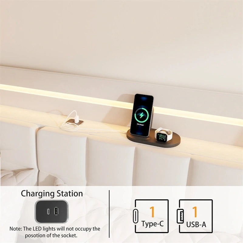 Queen Size LED Upholstered Platform Bed w/ Headboard& Charging Station