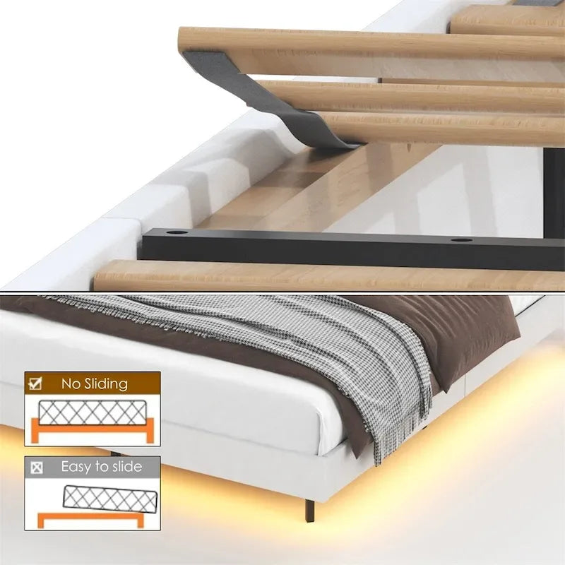 Queen Size LED Upholstered Platform Bed w/ Headboard& Charging Station