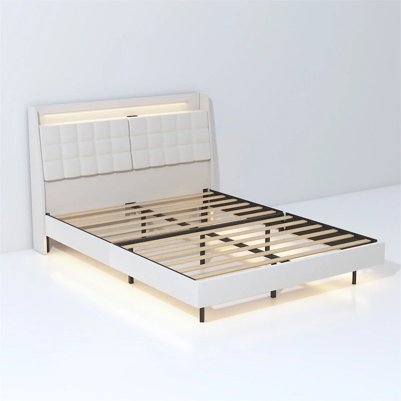 Queen Size LED Upholstered Platform Bed w/ Headboard& Charging Station
